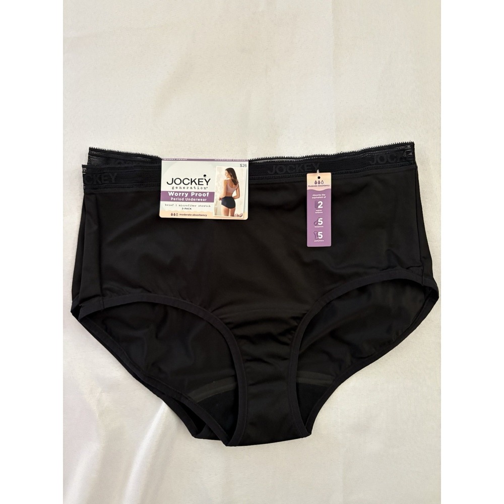 NEW Jockey Worry Proof Period Underwear Brief Panty 2 Pair Black Women's Large